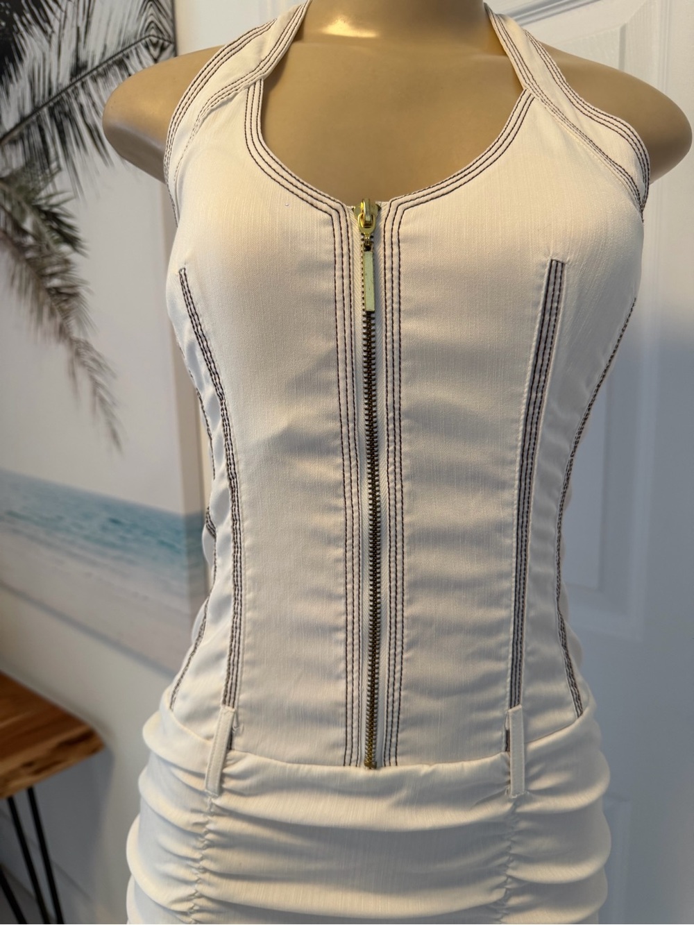 White Ruched Zip-Front Halter Dress - Picture 2 of 3